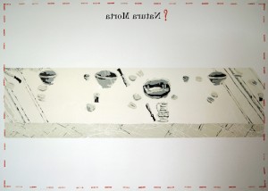 “Natura Morta 2”. 2013, edition 15, paper, coloured woodcut, letter press, 100 cm x 140 cm.